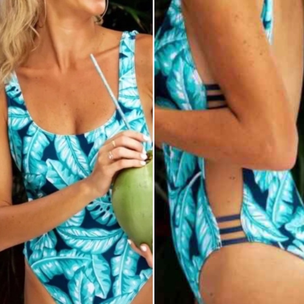 Kenny Flowers | NWT Blue Aqua Palm Print Watercolors One Piece Swimsuit